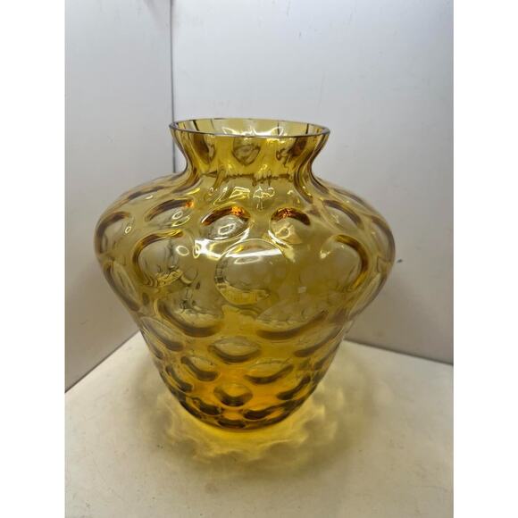 Vintage Mid Century Modern Amber Yellow Bubble Coin Dot Art Glass Vase 8” Tall - Picture 2 of 4